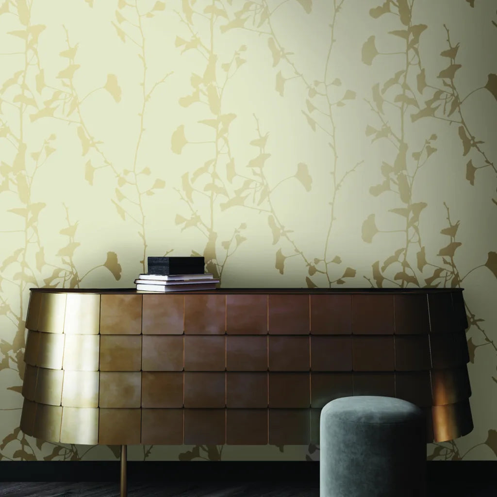 Entryway with elegant Ginkgo Silhouette wallpaper in Cream Beige by York Wallcoverings, offering a sophisticated welcome.