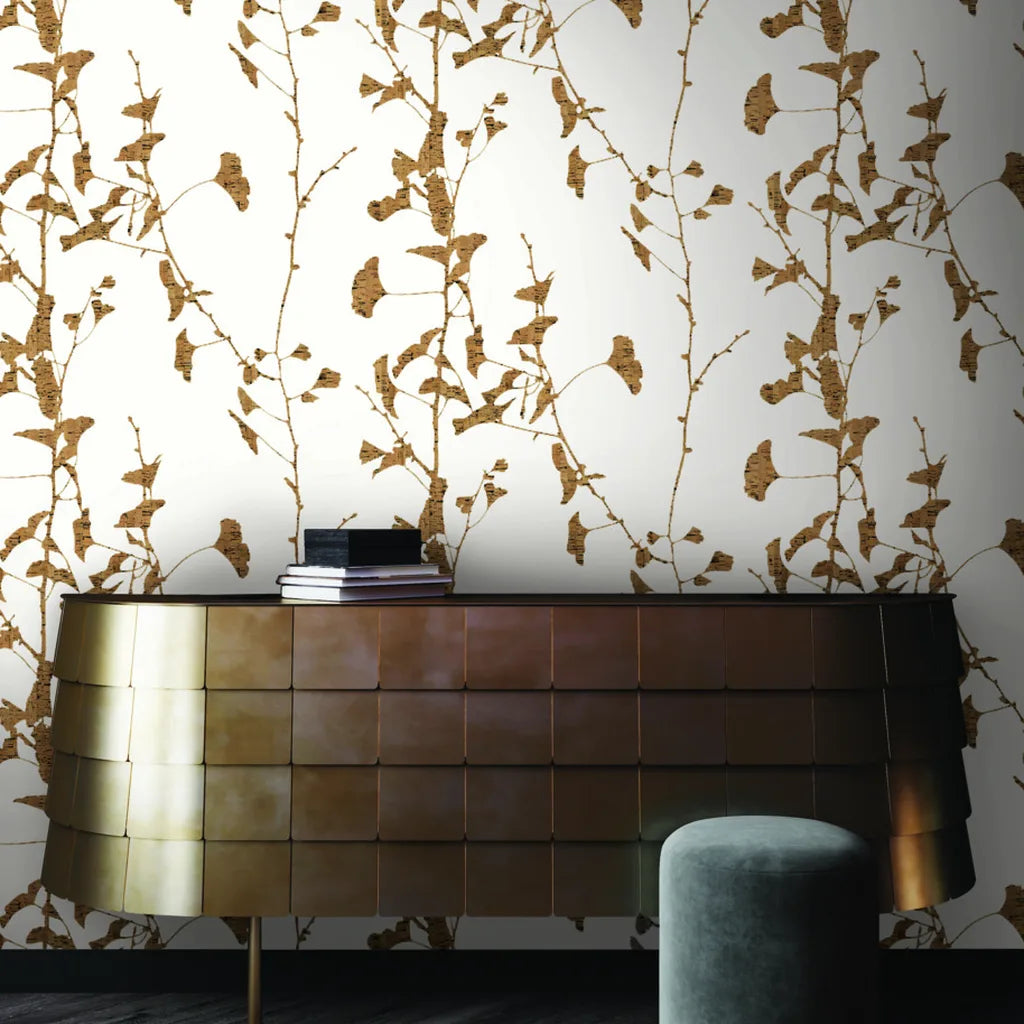 Stylish entryway showcasing 'Ginkgo Silhouette' Cork wallpaper by York Wallcoverings, adding modern organic elegance.
