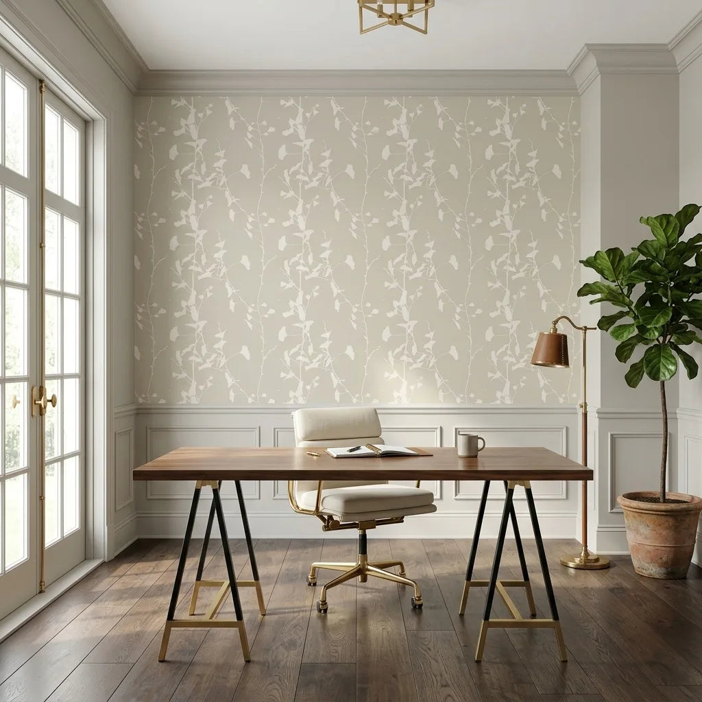 Home Office - Elegant workspace featuring Ginkgo Silhouette wallpaper in Warm Ivory by York Wallcoverings, creating a serene and stylish backdrop.