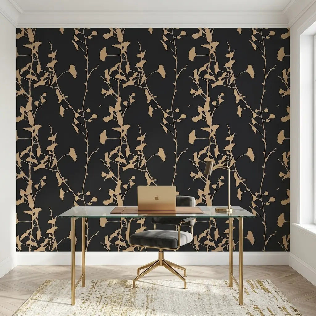 Home Office - Stylish workspace featuring Ginkgo Silhouette wallpaper in Charcoal and Tan by York Wallcoverings.