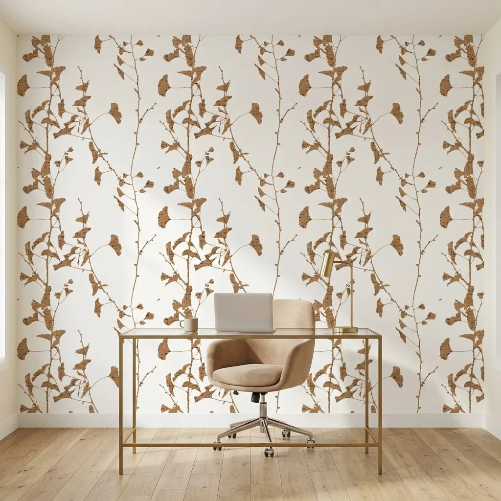 Home Office - Modern home office features Ginkgo Silhouette wallpaper in Cork by York Wallcoverings, adding botanical elegance.