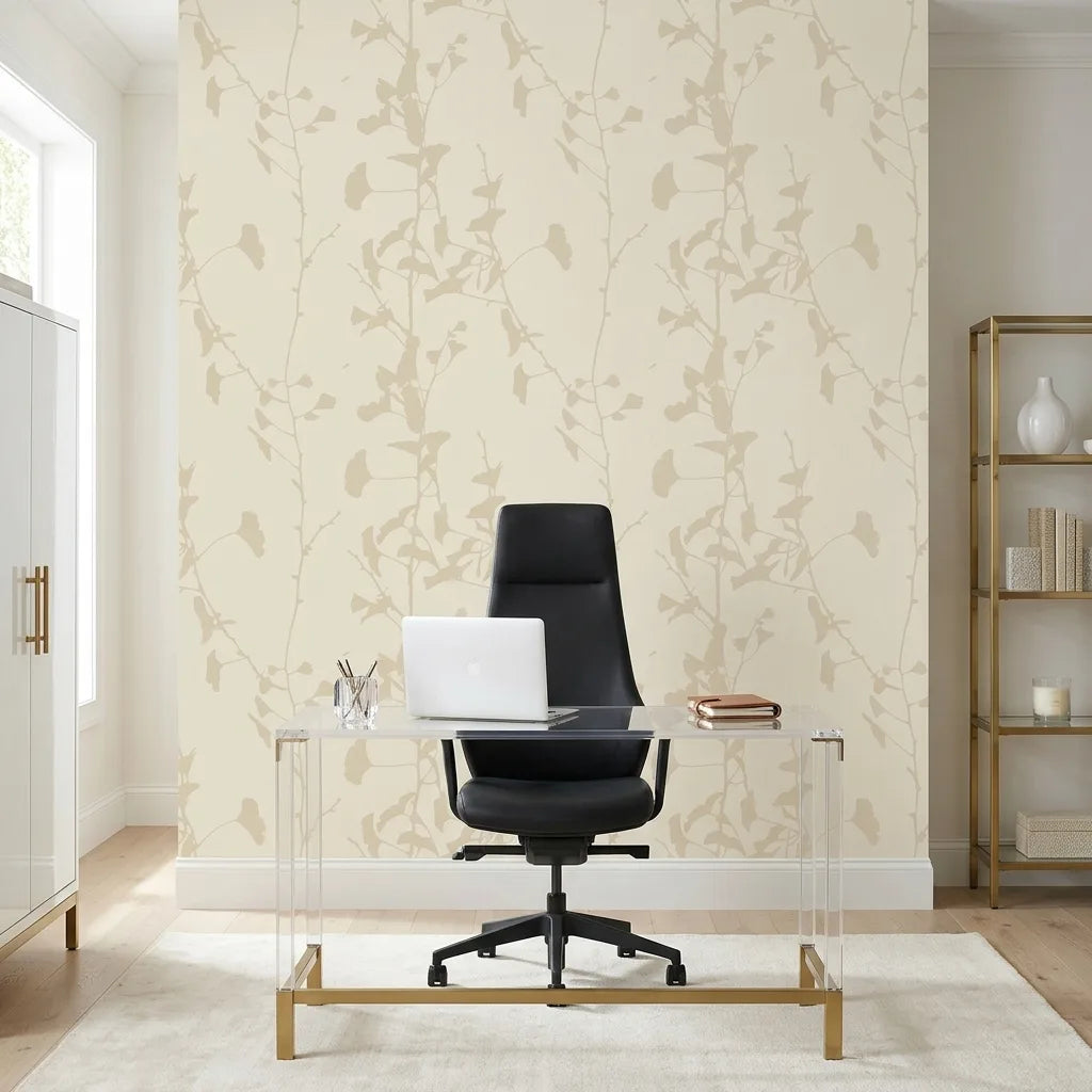 Home Office - Ginkgo Silhouette wallpaper in Cream Beige by York Wallcoverings creates a calm and stylish workspace.