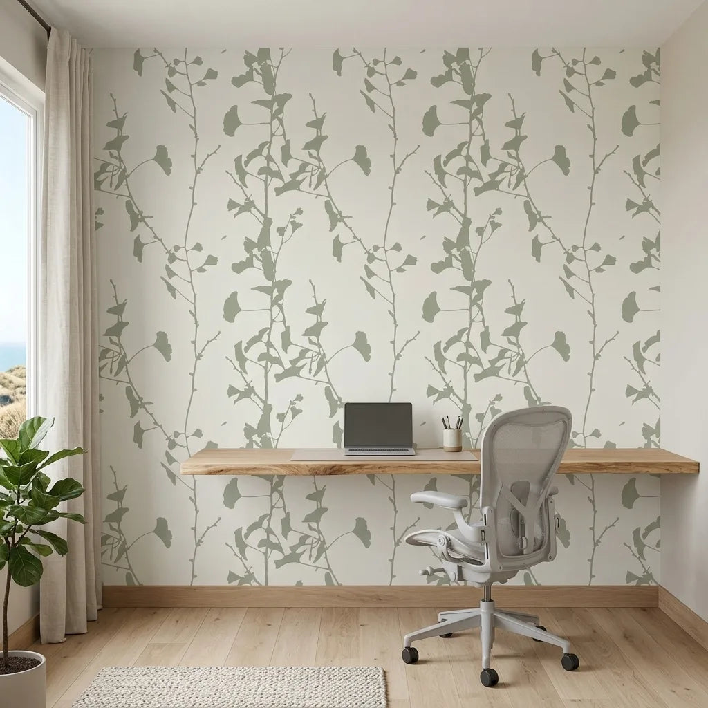 Home Office - Elegant workspace featuring "Ginkgo Silhouette" wallpaper in Sage Green by York Wallcoverings.