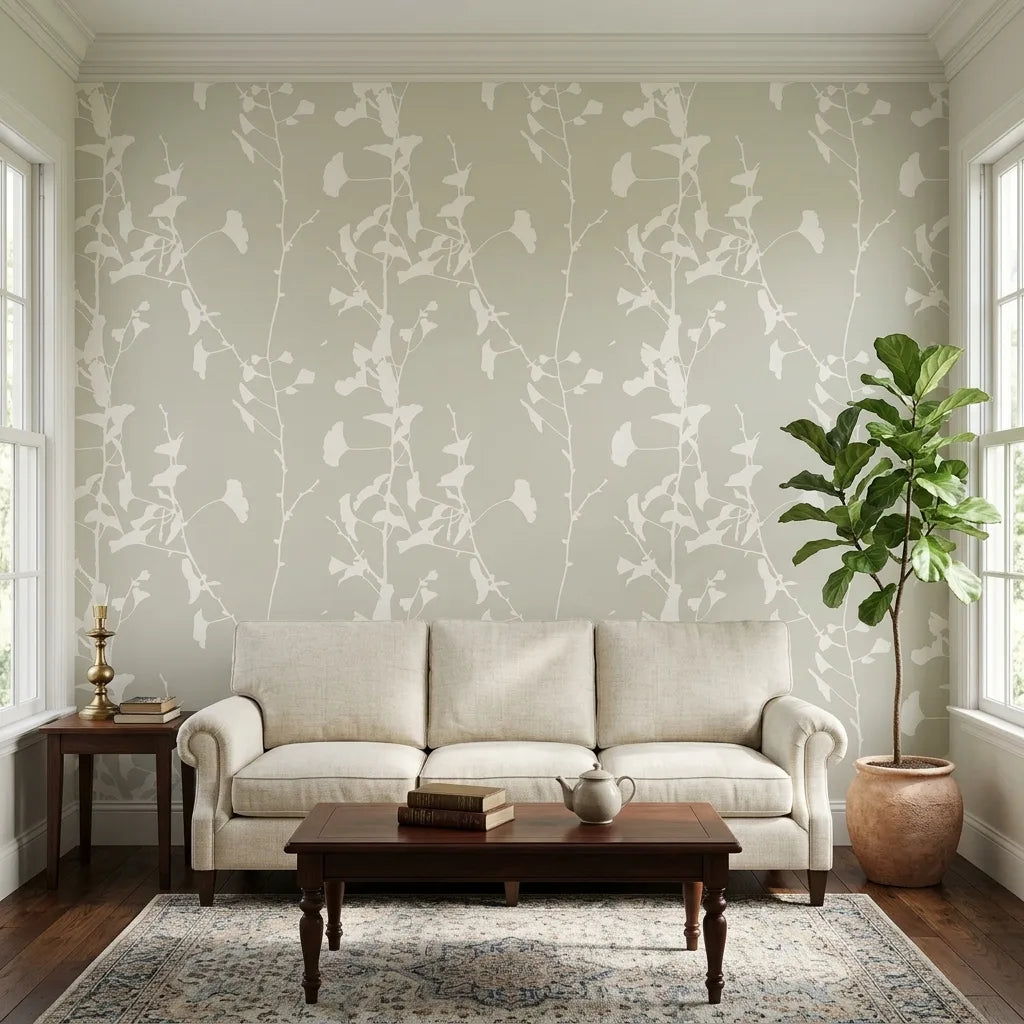 Living Room - Elegant space showcasing Ginkgo Silhouette wallpaper in Warm Ivory by York Wallcoverings for a sophisticated look.