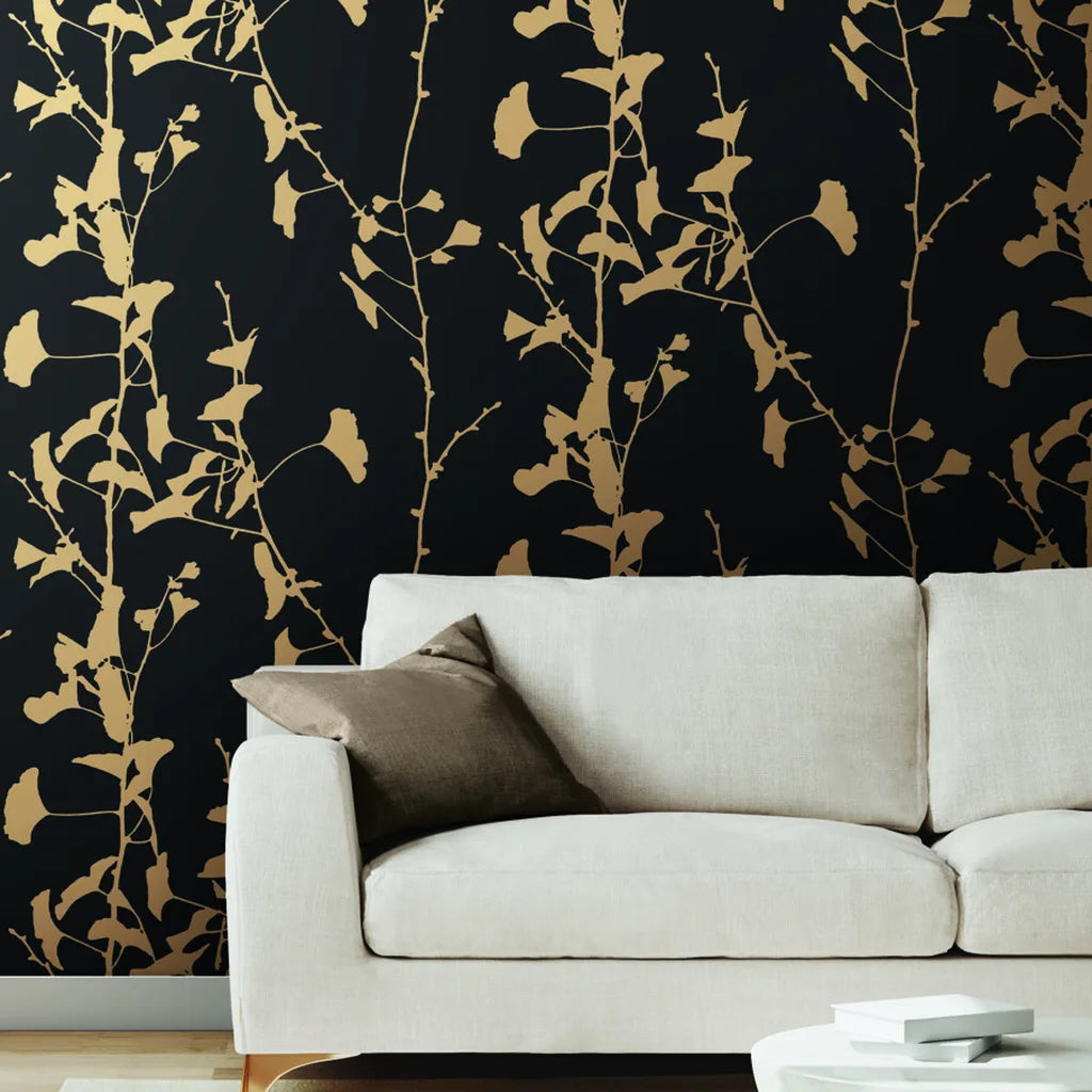 Living room with stunning Ginkgo Silhouette wallpaper in Charcoal & Tan by York Wallcoverings.