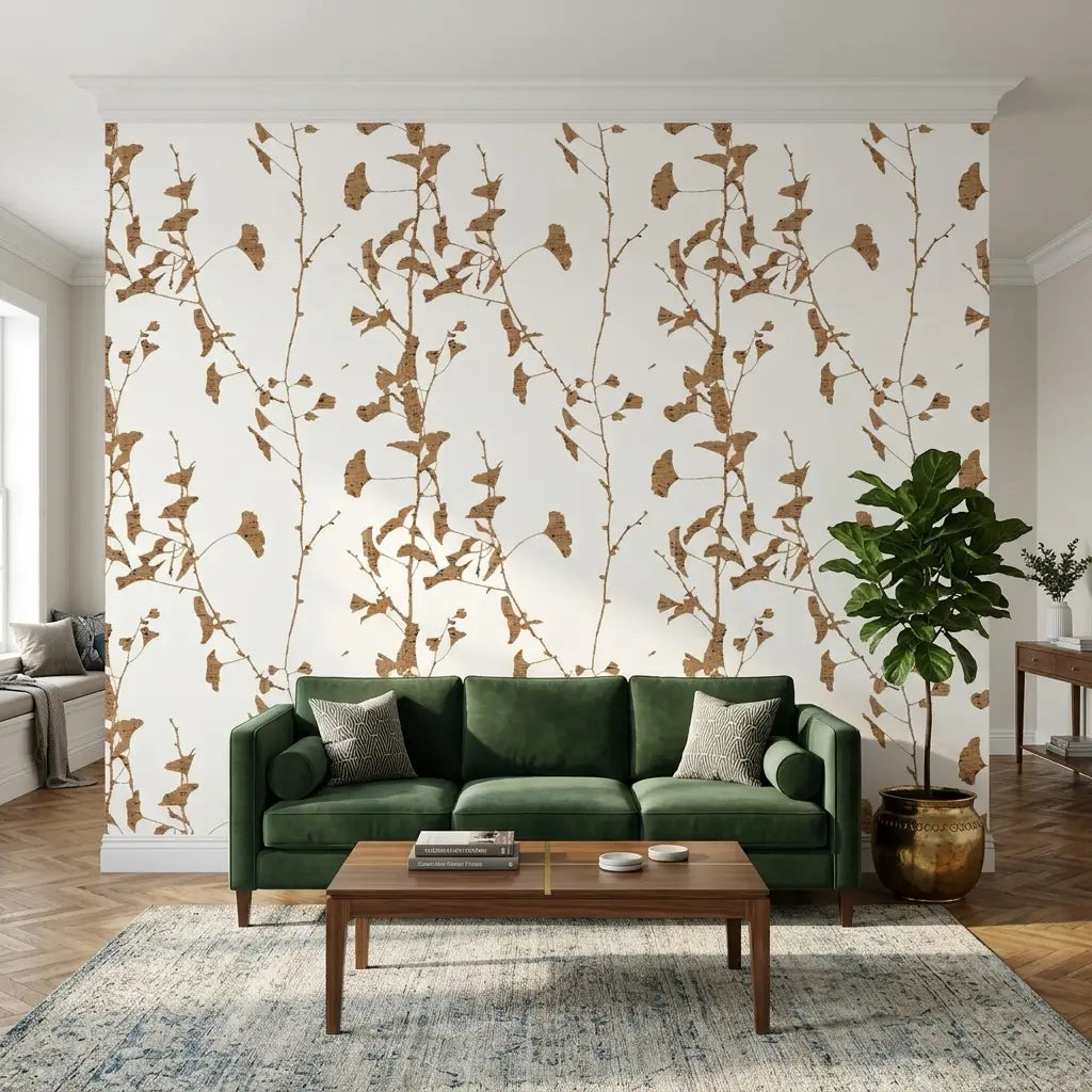 Living Room - Elegant space featuring 'Ginkgo Silhouette' wallpaper in Cork by York Wallcoverings, creating a serene, nature-inspired ambiance.
