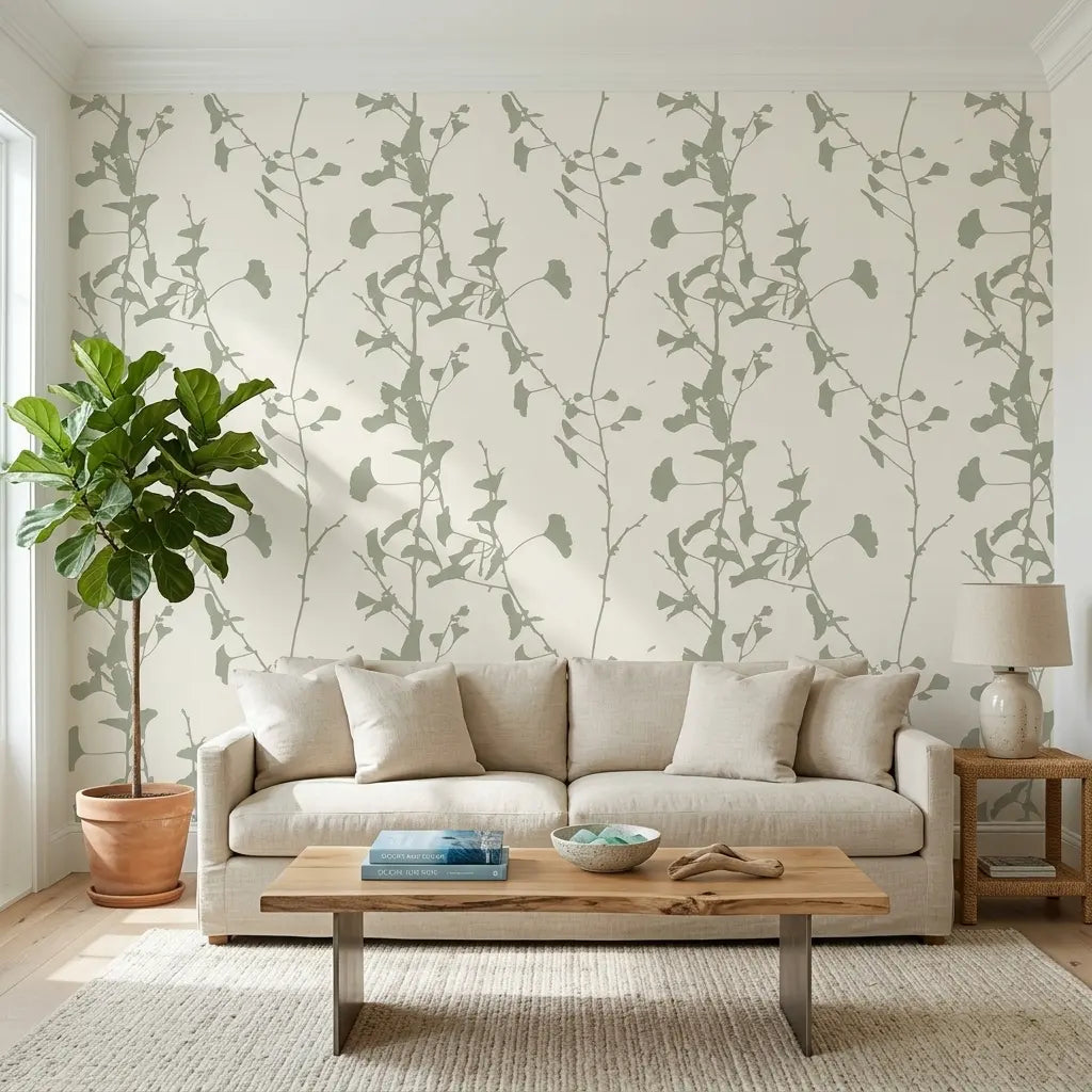Living Room - featuring elegant Ginkgo Silhouette wallpaper in Sage Green by York Wallcoverings, creating a serene space.