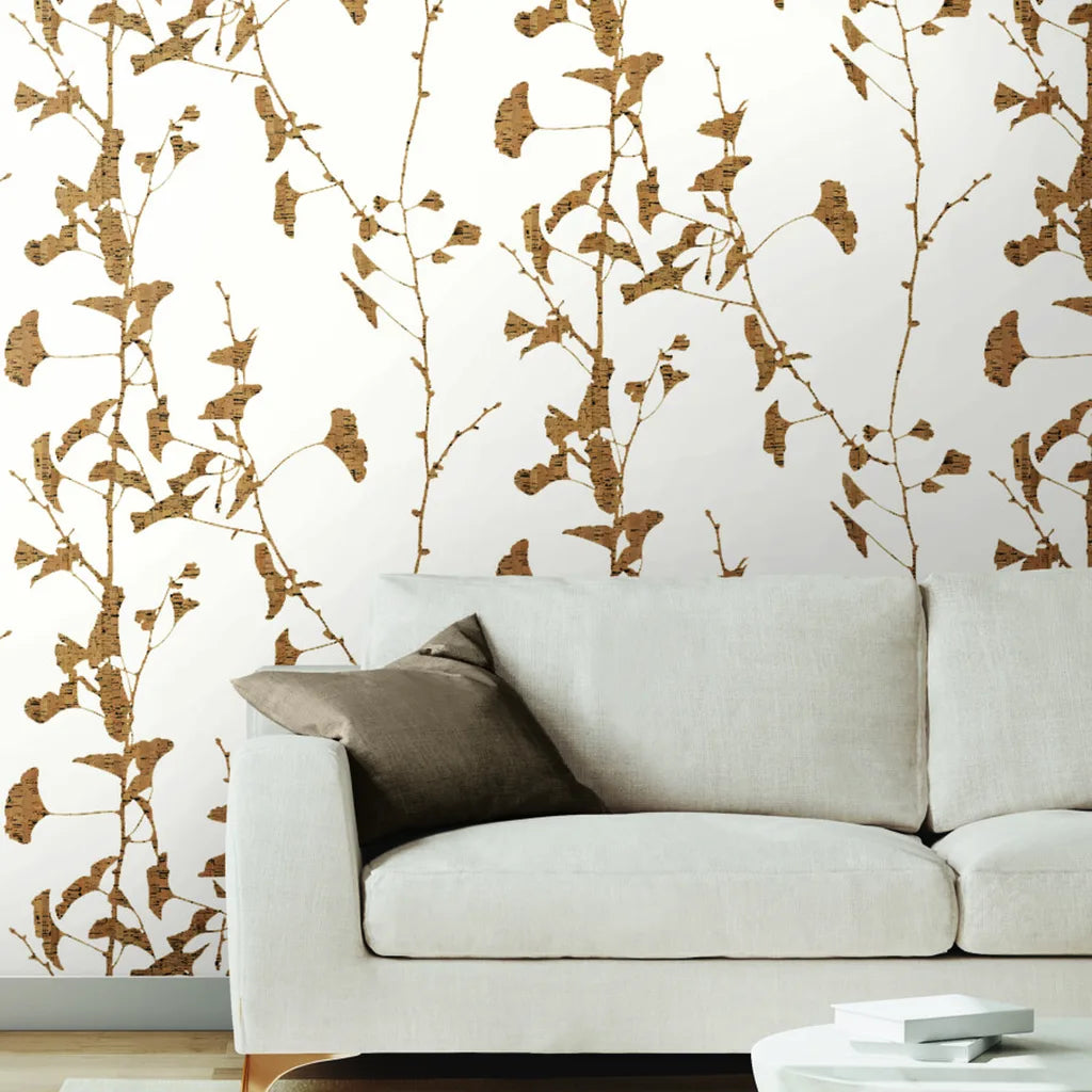 Modern living room showcasing the unique "Ginkgo Silhouette" wallpaper in Cork by York Wallcoverings.