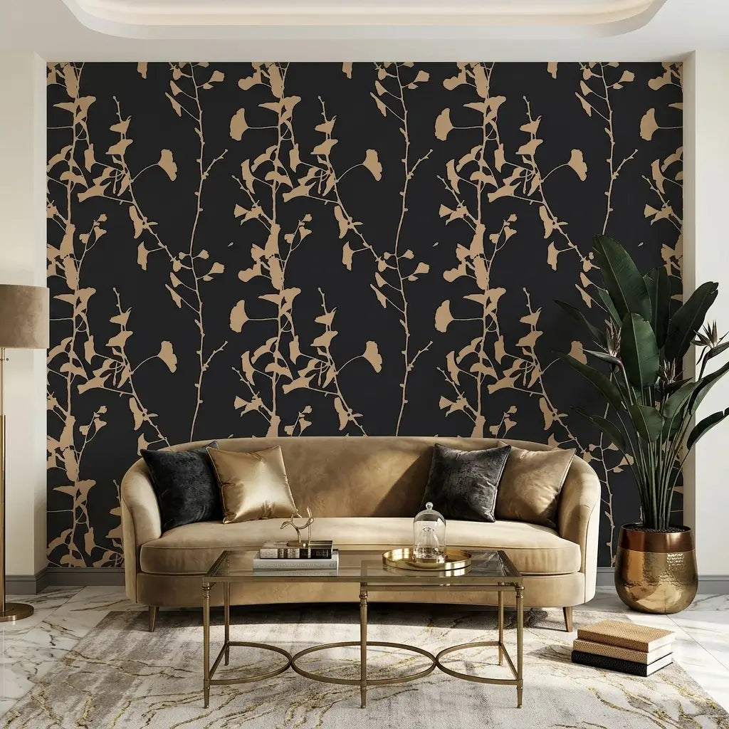 Living Room - Modern living room featuring elegant Ginkgo Silhouette wallpaper in Charcoal and Tan by York Wallcoverings.