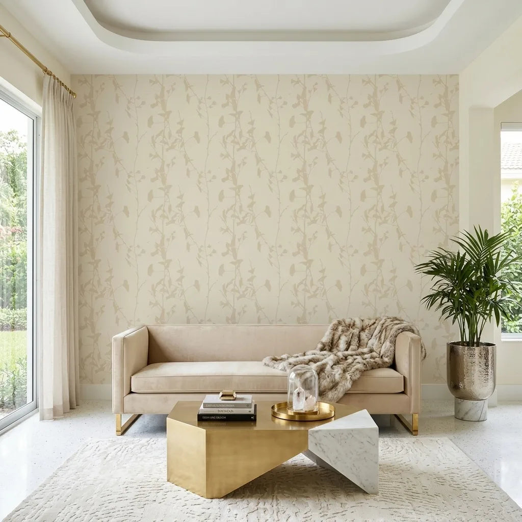 Living Room - Elegant living space featuring Ginkgo Silhouette wallpaper in Cream Beige by York Wallcoverings.