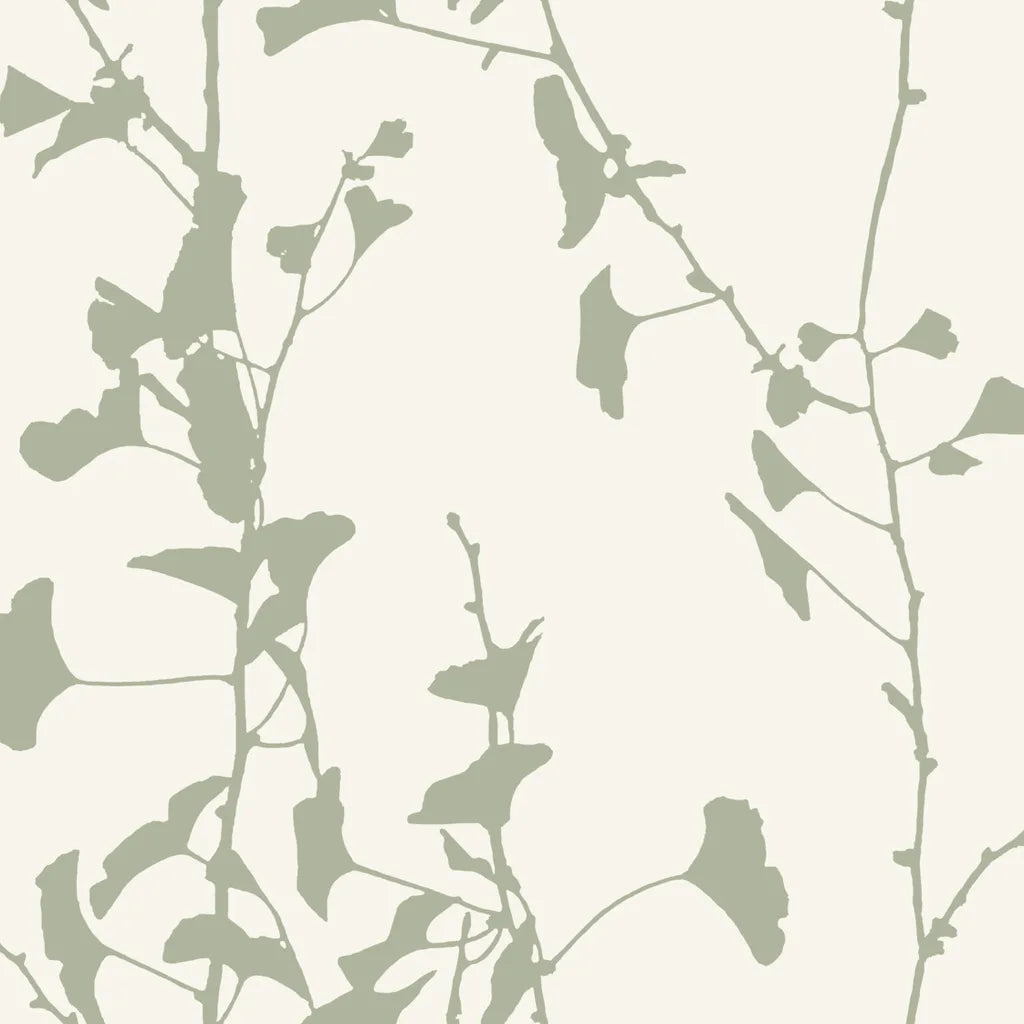Ginkgo Silhouette wallpaper pattern swatch in Sage Green by York Wallcoverings (SKU VR1510).