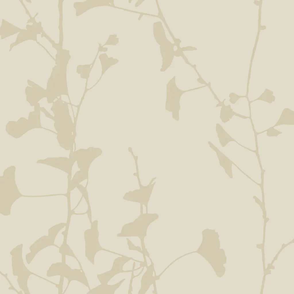 Ginkgo Silhouette wallpaper pattern swatch in Cream Beige by York Wallcoverings (SKU VR1511) features a subtle botanical design perfect for elegant interiors.