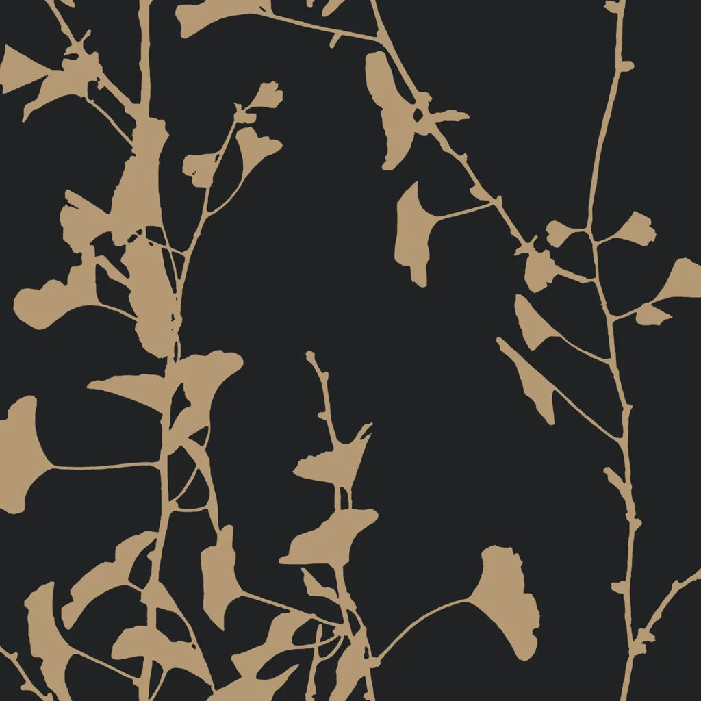 Ginkgo Silhouette wallpaper pattern swatch in charcoal and tan by York Wallcoverings.