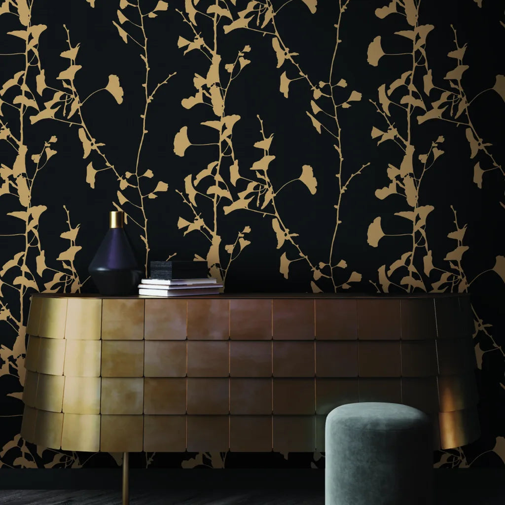 Elegant interior showcasing 'Ginkgo Silhouette' wallpaper in Charcoal and Tan by York Wallcoverings.