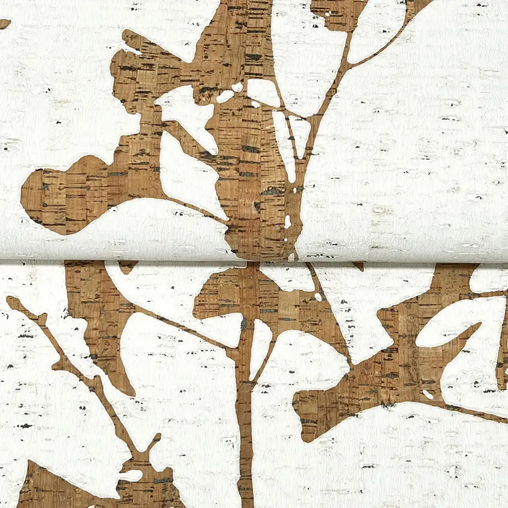 Close-up texture detail of Ginkgo Silhouette wallpaper in Cork by York Wallcoverings, showcasing its unique organic texture.