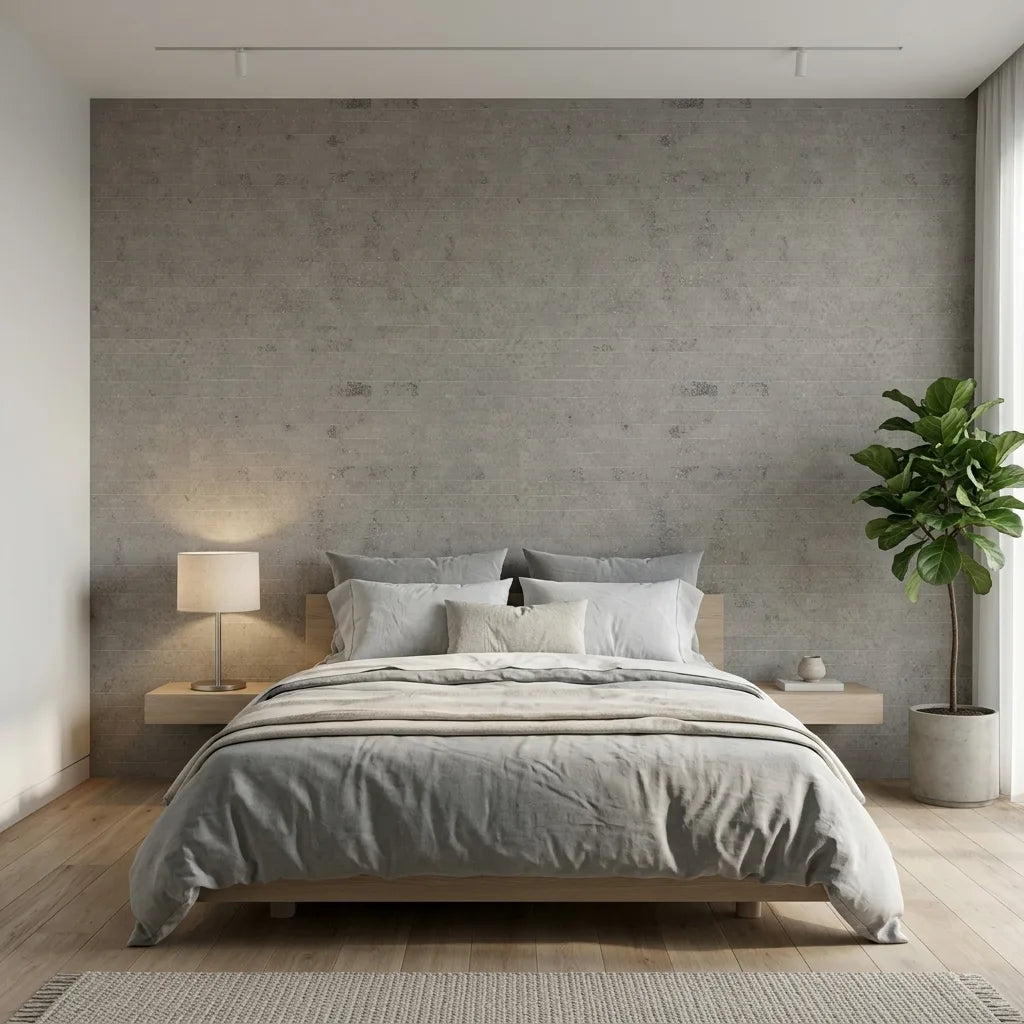 Bedroom - Elegant bedroom featuring Greige Handcrafted Paper wallpaper by York Wallcoverings, creating a serene and stylish space.