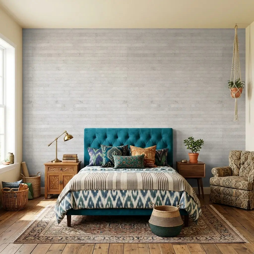Bedroom - Cozy room featuring York Wallcoverings Handcrafted Paper wallpaper in Warm Ivory, adding subtle texture and warmth.