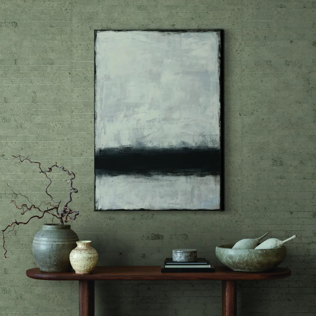 Greige 'Handcrafted Paper' wallpaper by York Wallcoverings transforms this entryway with artisan texture and sophisticated style.