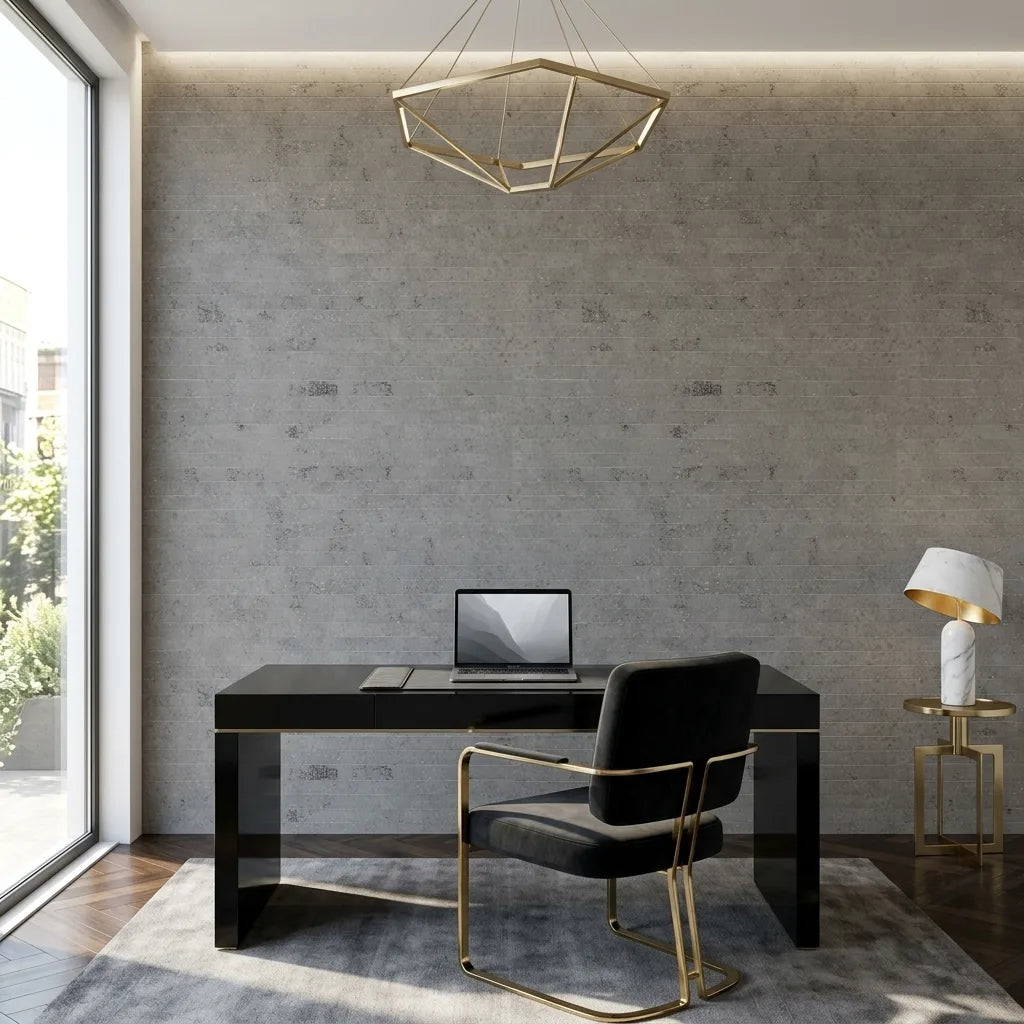 Home Office - Stylish workspace with Greige Handcrafted Paper wallpaper by York Wallcoverings, creating a serene and productive environment.