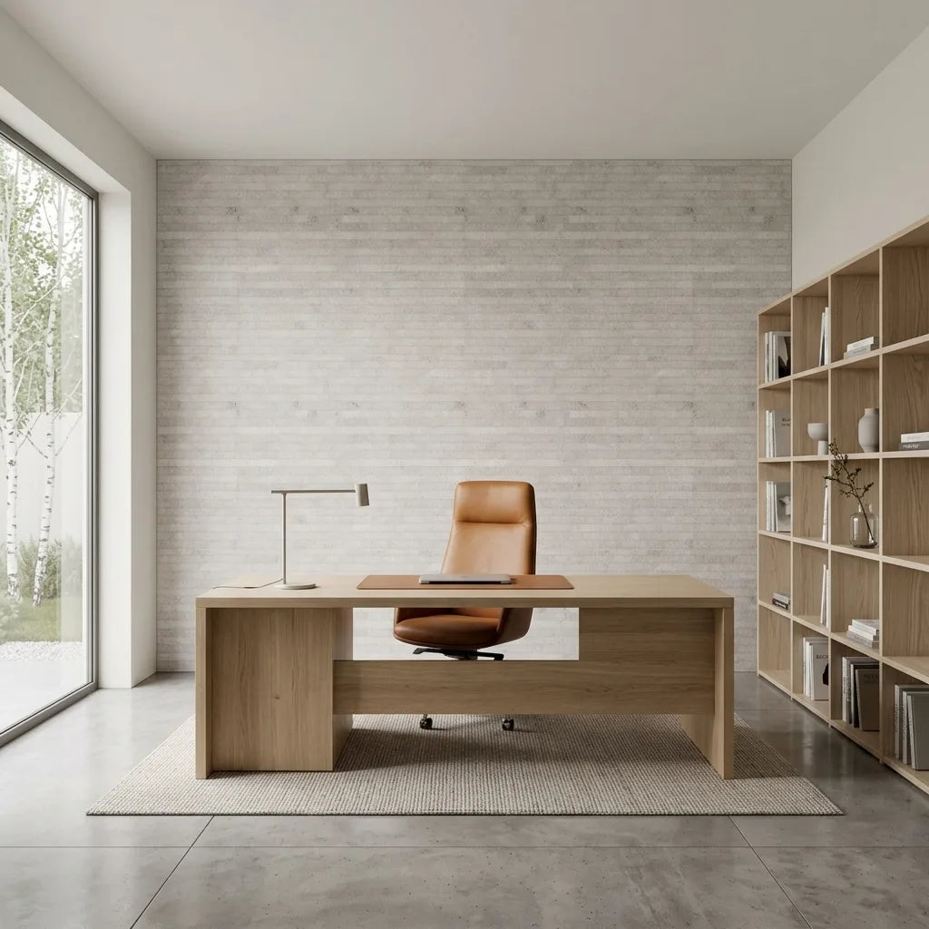 Home Office - Elegant space featuring Handcrafted Paper wallpaper in Warm Ivory by York Wallcoverings for a stylish, productive environment.