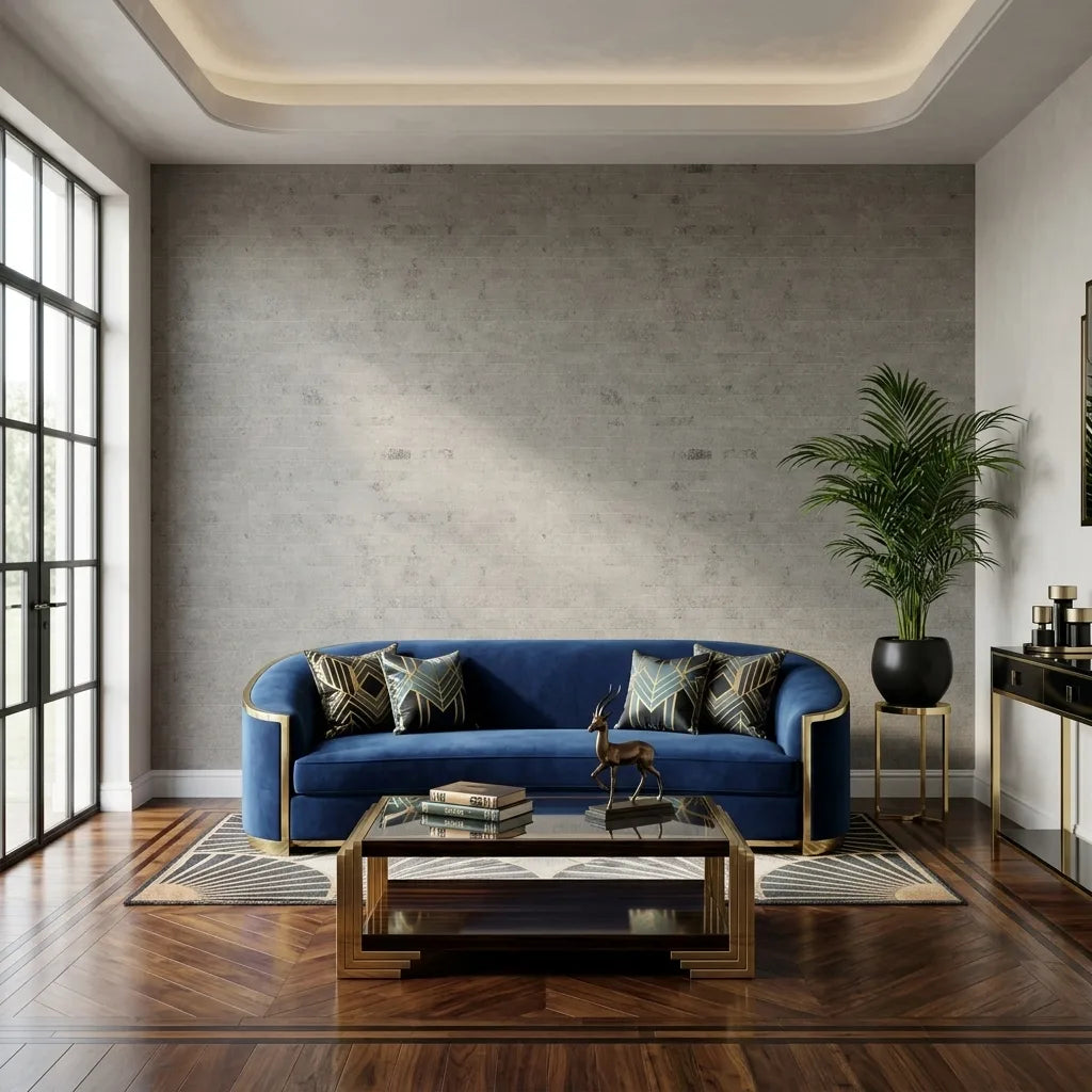 Living Room - Stylish living room with Greige 'Handcrafted Paper' wallpaper by York Wallcoverings, adding texture and warmth.