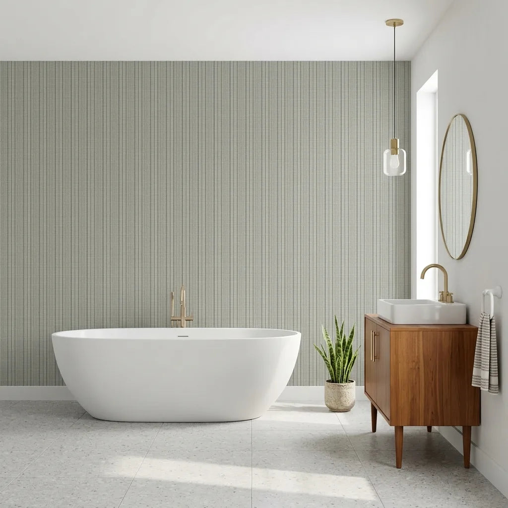 Bathroom - Harrington Plaid wallpaper in Sage Navy by York Wallcoverings adds classic style to this elegant space.