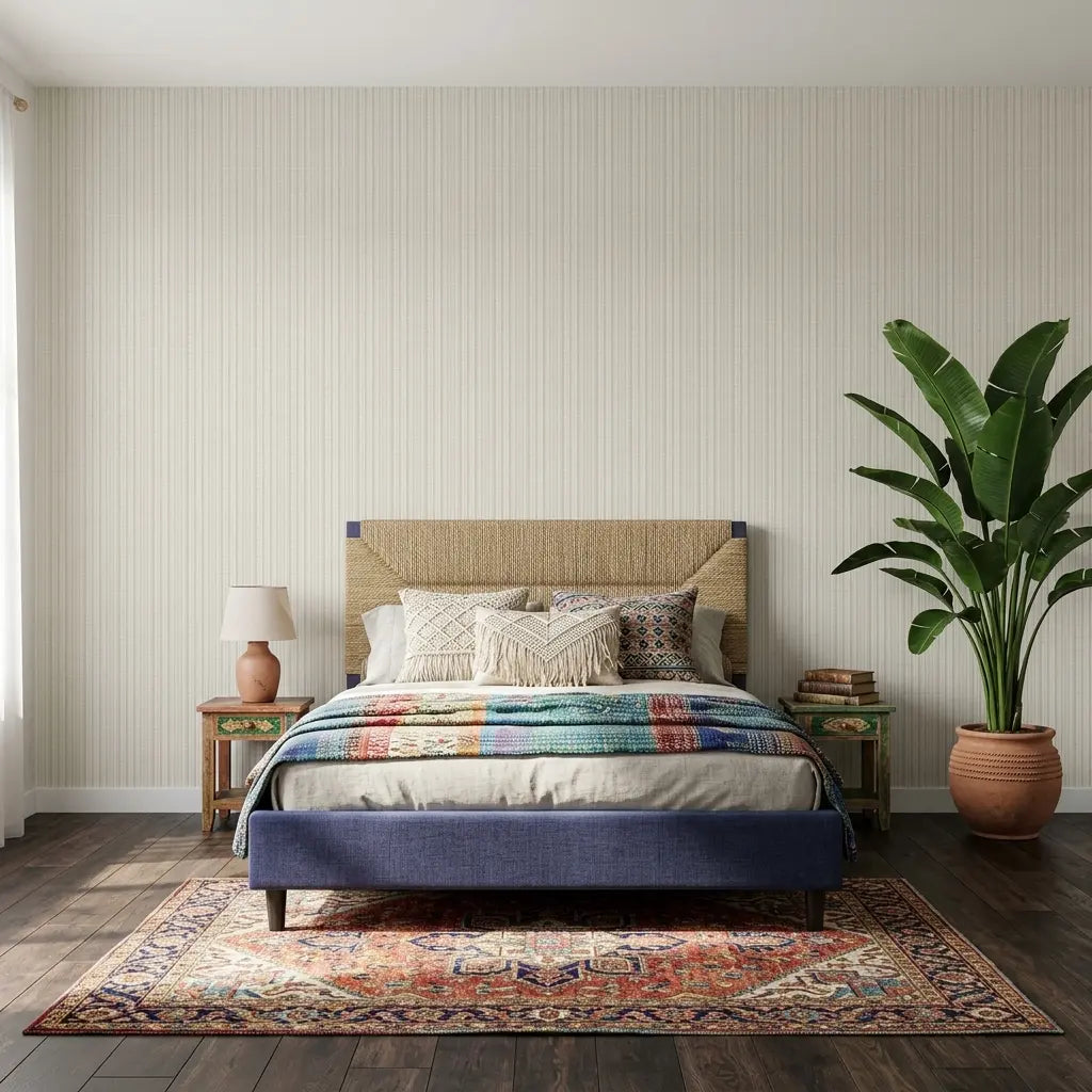 Bedroom - Stylish bedroom with Harrington Plaid wallpaper in Cream and Grey by York Wallcoverings, creating a cozy and classic look.