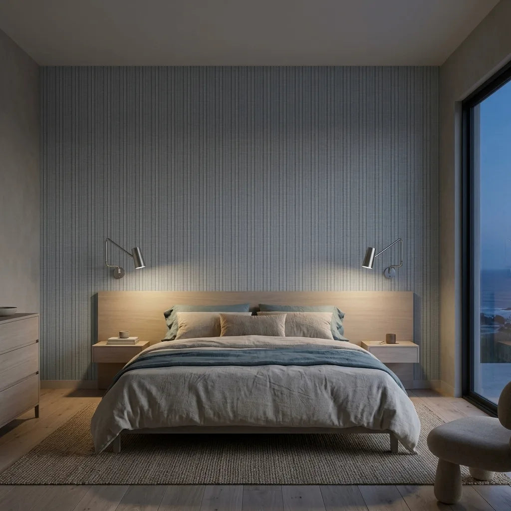 Bedroom - Elegant bedroom showcasing 'Harrington Plaid' wallpaper in Grey Blue by York Wallcoverings for a classic design.