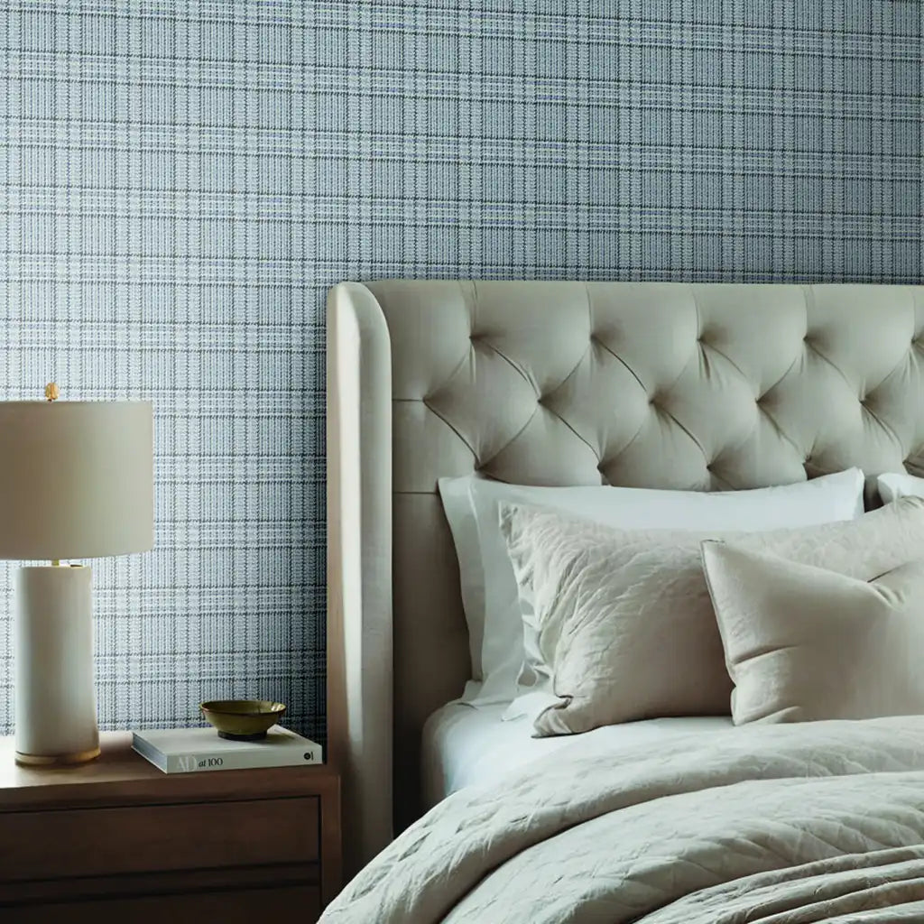 Bedroom featuring elegant Grey Blue Harrington Plaid wallpaper by York Wallcoverings.