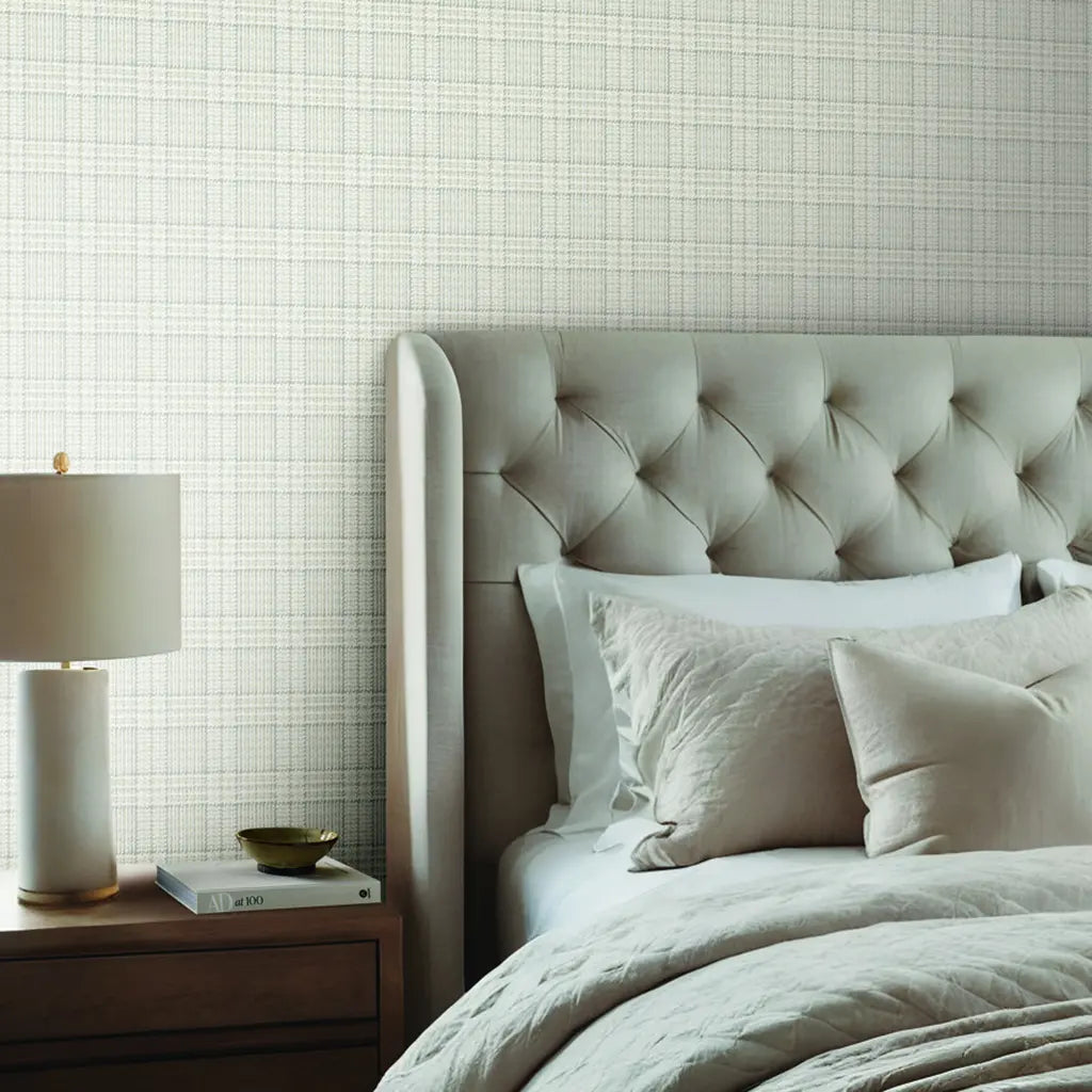 Bedroom featuring elegant Harrington Plaid wallpaper in Cream & Grey by York Wallcoverings, creating a cozy and stylish space.