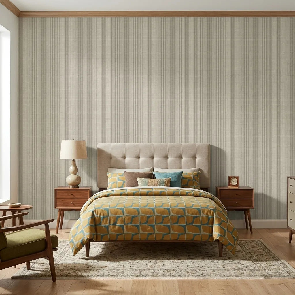 Bedroom - Stylish bedroom featuring Harrington Plaid wallpaper in a light beige plaid pattern by York Wallcoverings.