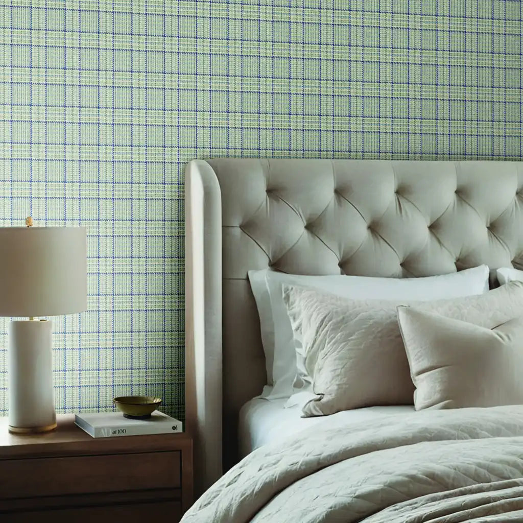 Bedroom featuring Harrington Plaid Sage Navy wallpaper by York Wallcoverings, creating a cozy and stylish retreat.