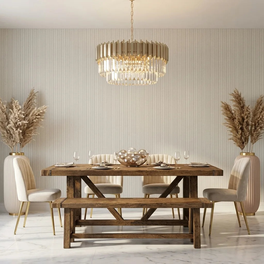 Dining Room - Elegant space featuring Harrington Plaid wallpaper in Cream and Grey by York Wallcoverings, creating a classic ambiance.