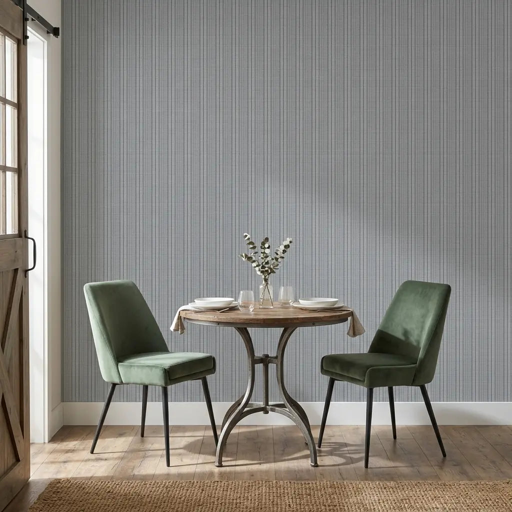 Dining Room - Elegant dining room showcasing York Wallcoverings' Harrington Plaid wallpaper in sophisticated Grey Blue.