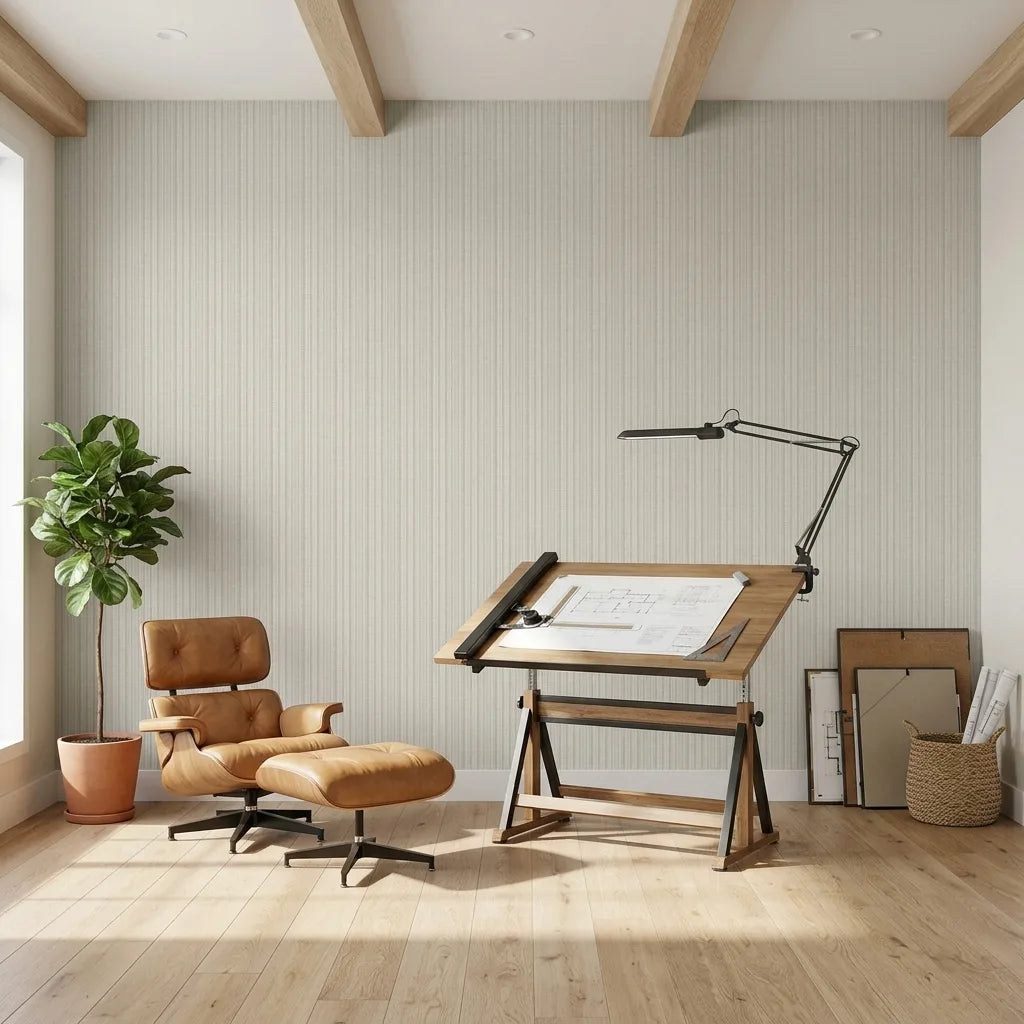 Home Office - Stylish room with Harrington Plaid wallpaper in Cream and Grey by York Wallcoverings, perfect for productivity.