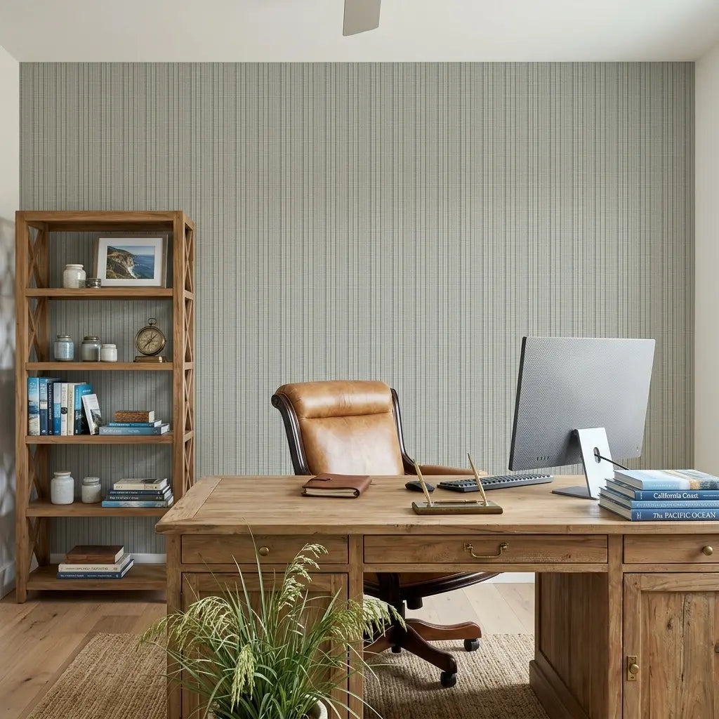 Home Office - Harrington Plaid wallpaper in Sage Navy by York Wallcoverings creates a classic, sophisticated backdrop for productivity.