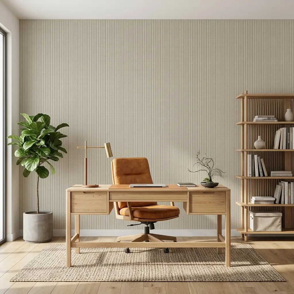 Home Office - Elegant home office with Harrington Plaid wallpaper in Light Beige Plaid by York Wallcoverings.