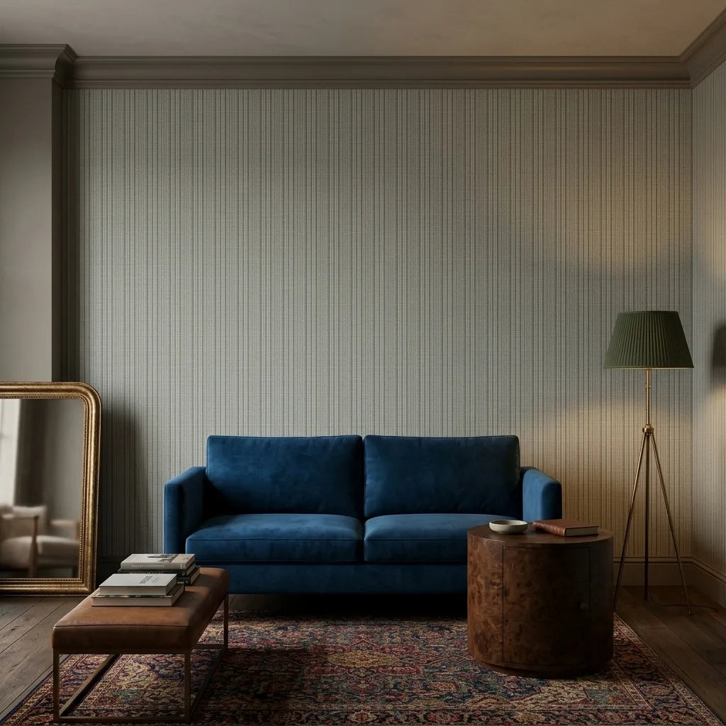 Living Room - Harrington Plaid wallpaper in Sage Navy by York Wallcoverings adds elegant pattern to this cozy space.