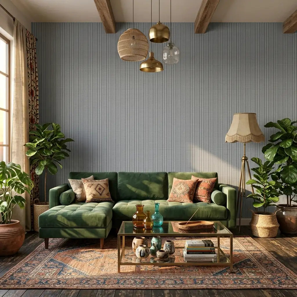 Living Room - Harrington Plaid Grey Blue wallpaper by York Wallcoverings creates a sophisticated and inviting space.