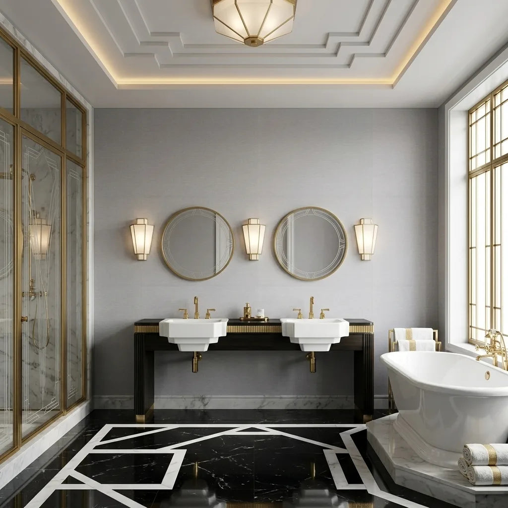 Bathroom - Modern bathroom features Light Grey Hempfield Weave wallpaper by York Wallcoverings, offering a chic and textured design.