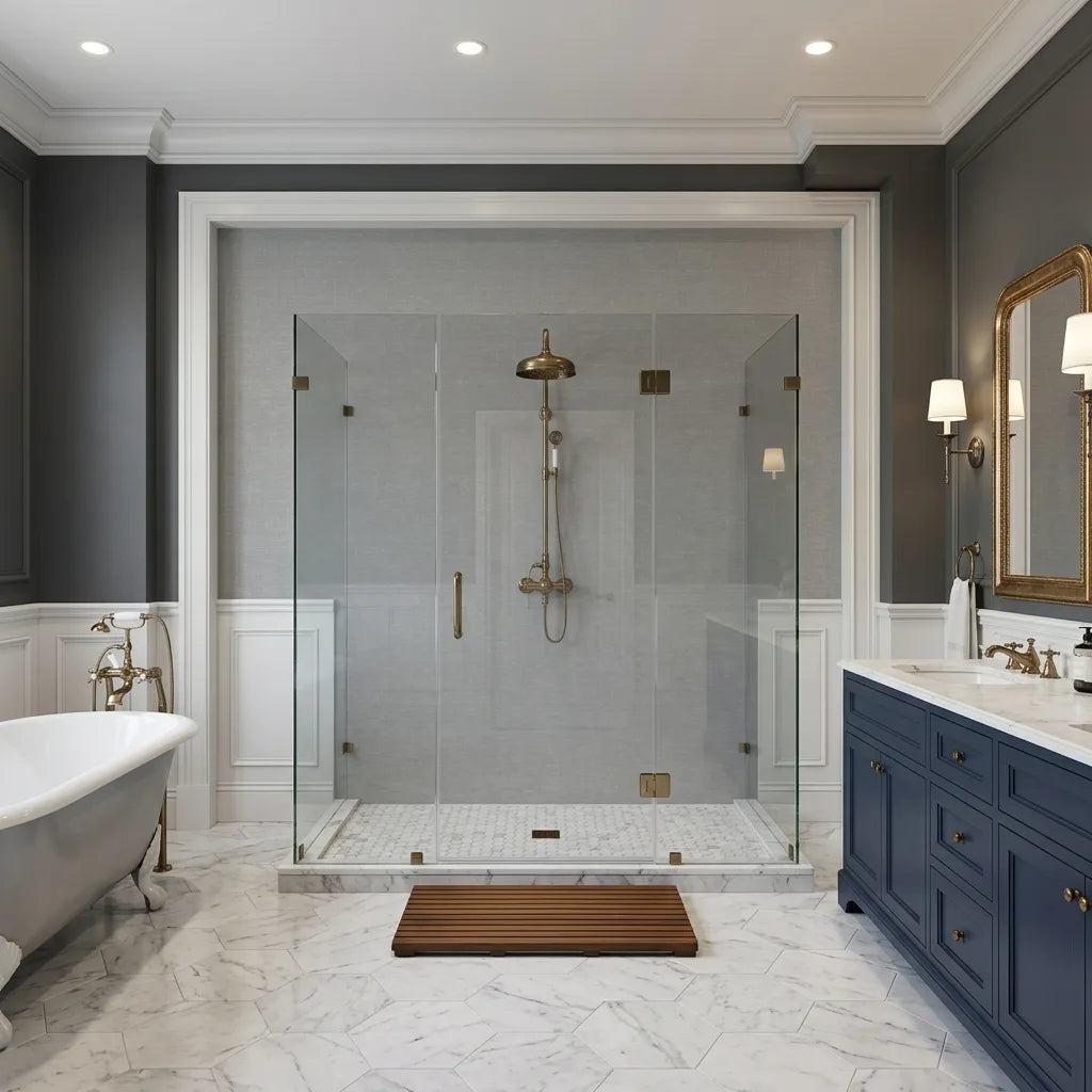 Bathroom - Elegant bathroom featuring "Hempfield Weave" wallpaper in Dark Grey by York Wallcoverings.