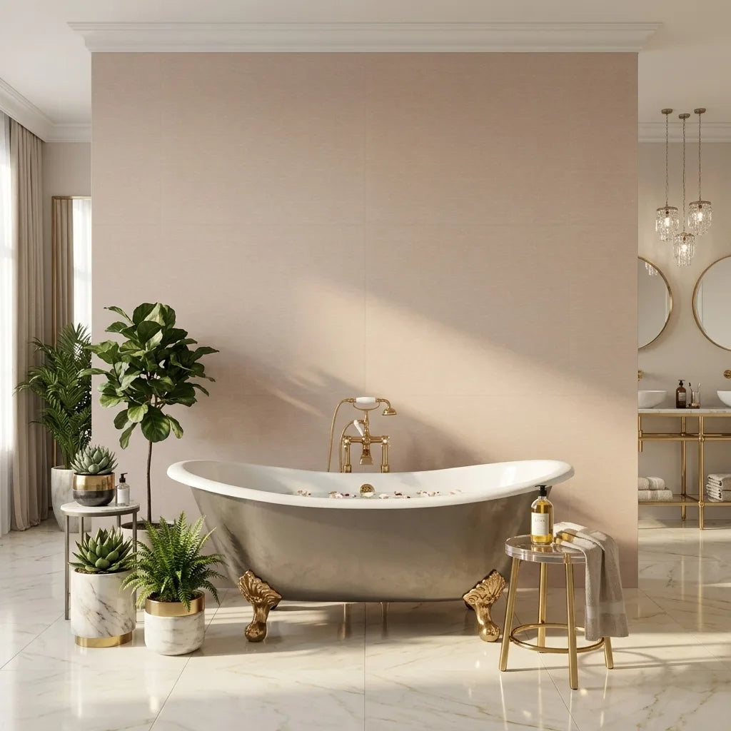 Bathroom - Tan Hempfield Weave wallpaper by York Wallcoverings adds texture and warmth to this elegant bathroom design.