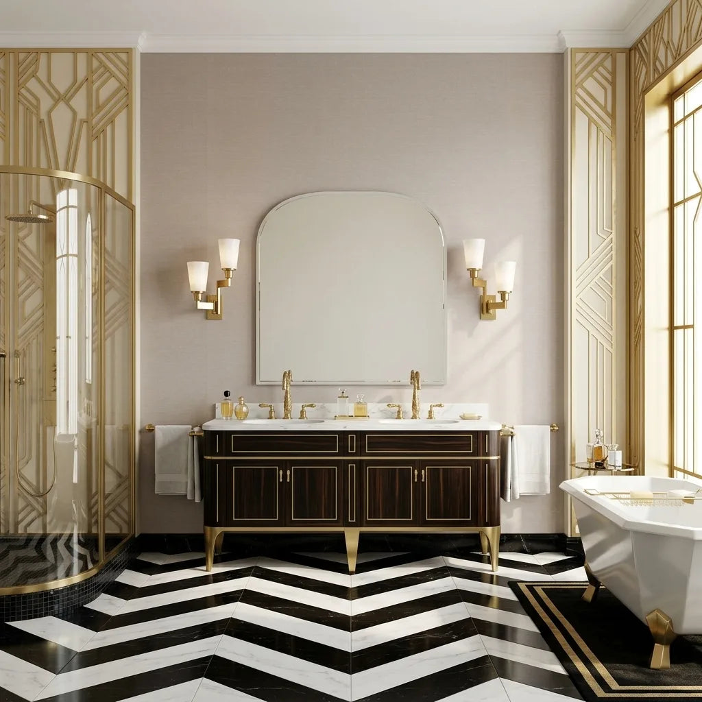 Bathroom - Features Greige 'Hempfield Weave' wallpaper by York Wallcoverings, adding subtle texture and warmth to the space.