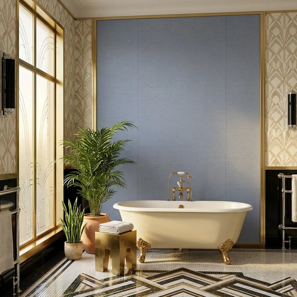 Bathroom - Features Slate Blue Hempfield Weave wallpaper by York Wallcoverings, a textured pattern that elevates the room's style.