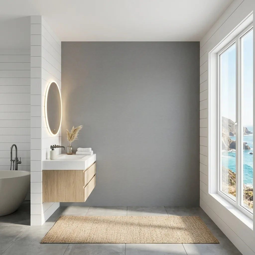 Bathroom - Grey Hempfield Weave wallpaper by York Wallcoverings adds elegant texture and modern style to this beautiful bathroom.