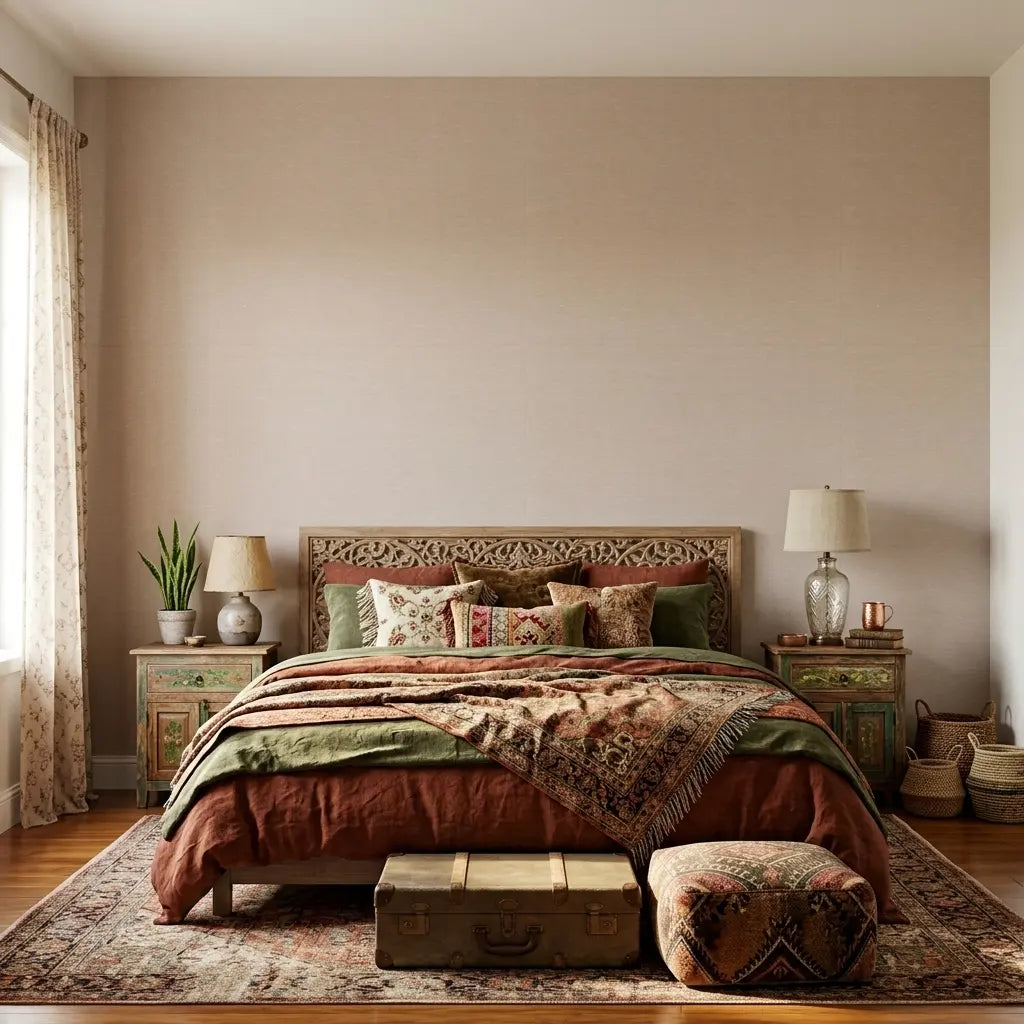 Bedroom - Cozy room showcasing Hempfield Weave wallpaper in Tan by York Wallcoverings, adding warmth and natural texture.