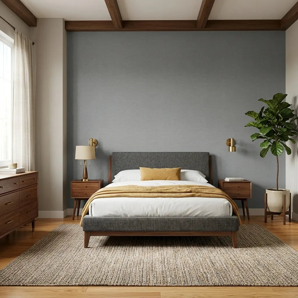Bedroom - Grey Hempfield Weave wallpaper by York Wallcoverings creates a serene, textured accent wall in this stylish room.
