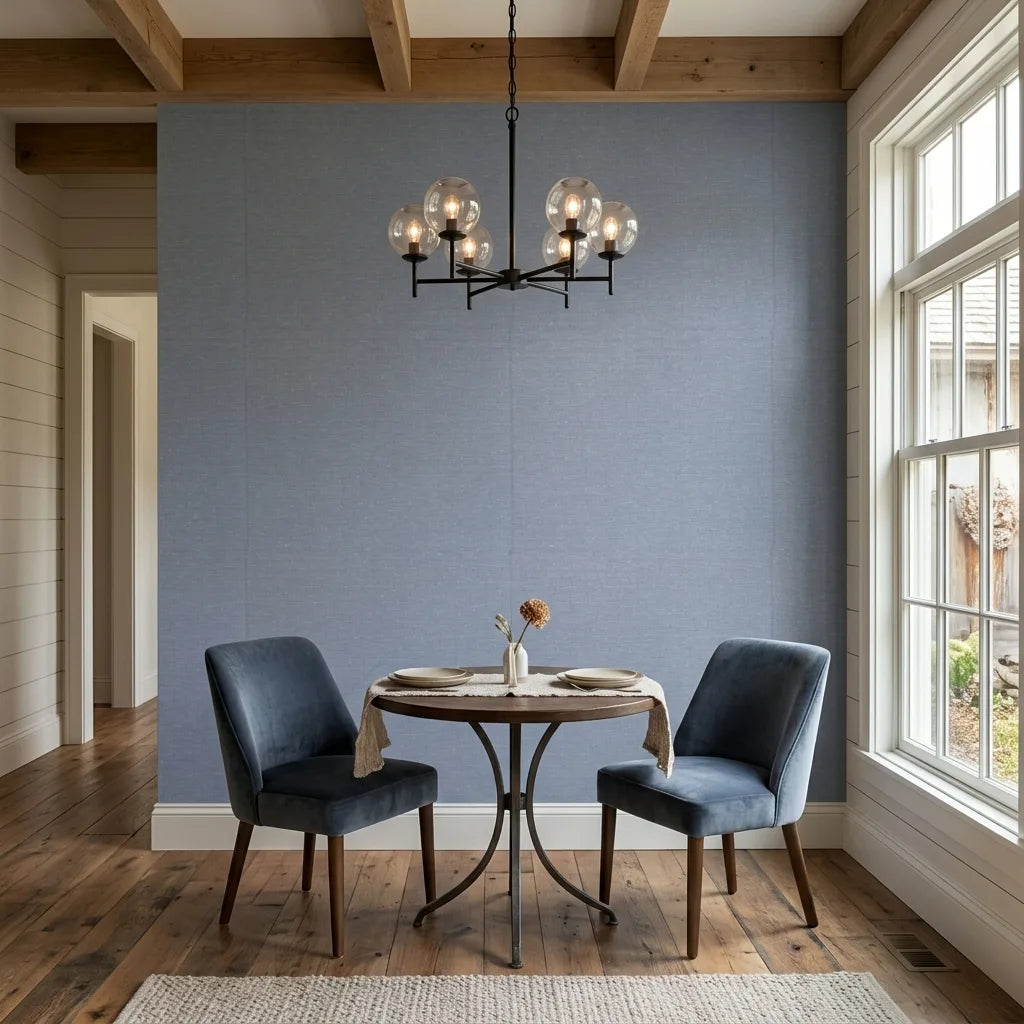 Dining Room - Features elegant Hempfield Weave wallpaper in Slate Blue by York Wallcoverings, creating a sophisticated and inviting space.