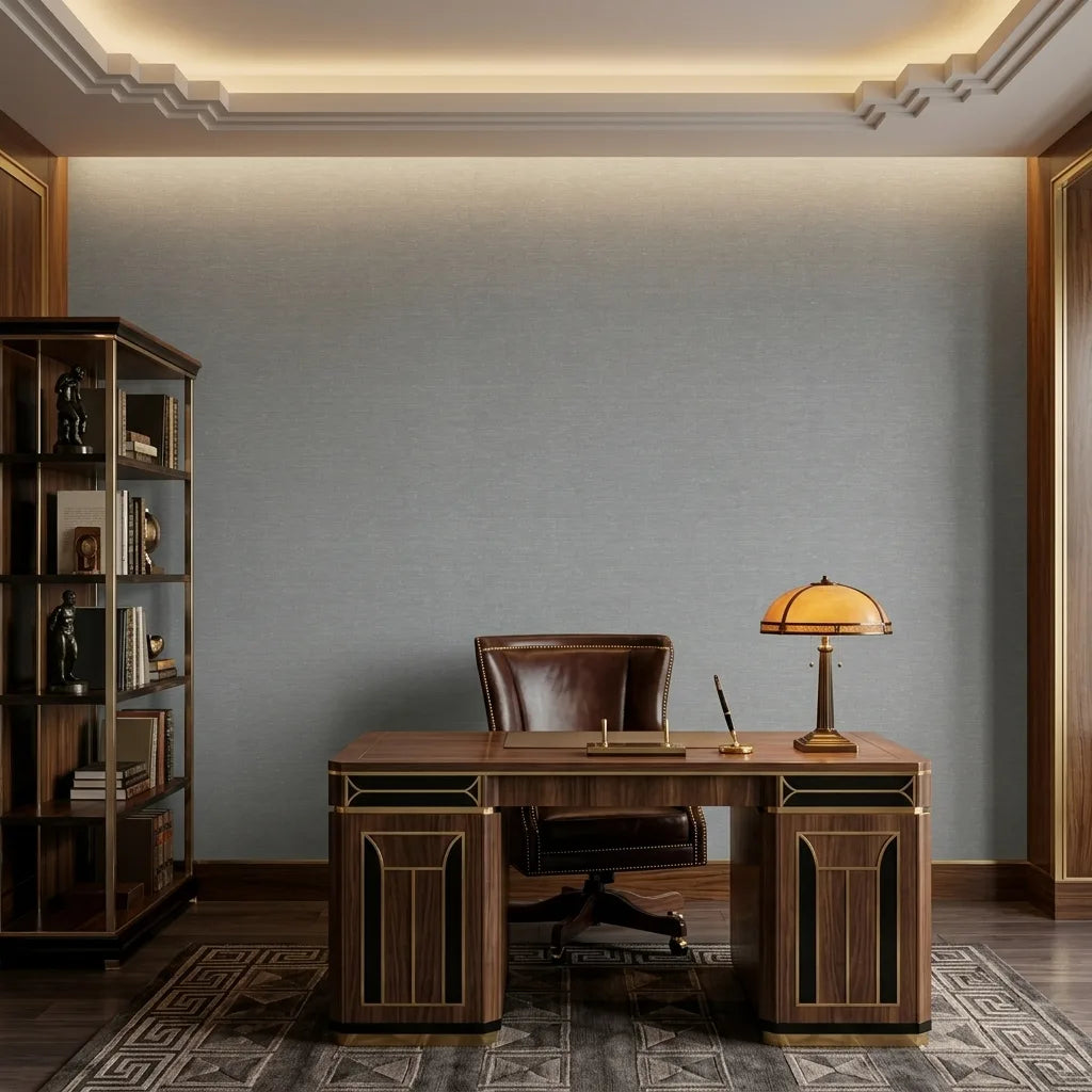 Home Office - Modern home office featuring elegant Grey Hempfield Weave wallpaper by York Wallcoverings for a sophisticated look.