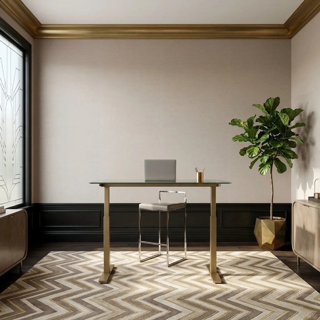 Home Office - Greige Hempfield Weave wallpaper by York Wallcoverings creates a sophisticated and calming backdrop for this modern workspace.